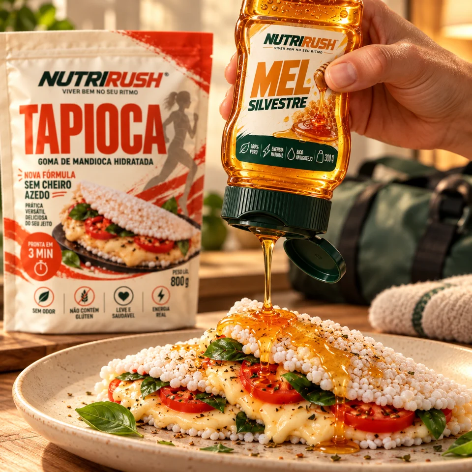 Mãos servindo mel silvestre na tapioca